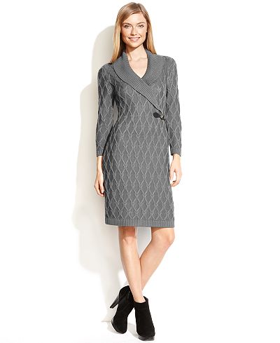 Calvin Klein Dress, Three-Quarter-Sleeve Knit Buckle Sweater - Dresses - Women - Macy&#39;s