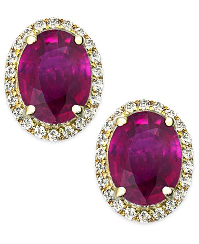 Ruby and White Sapphire Oval Stud Earrings in 10k Gold (3 ct. t.w.) - Earrings - Jewelry ...