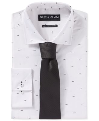 Nick Graham Black Moustache Print Dress Shirt and Black Solid Herringbone Tie Set