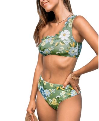 CUPSHE Women S Floral Print One Shoulder Bikini Top Mid Rise Bottoms