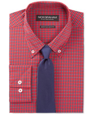 Nick Graham Red Tartan Dress Shirt and Navy Solid Tie Set