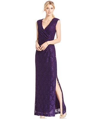 connected sequined lace overlay gown