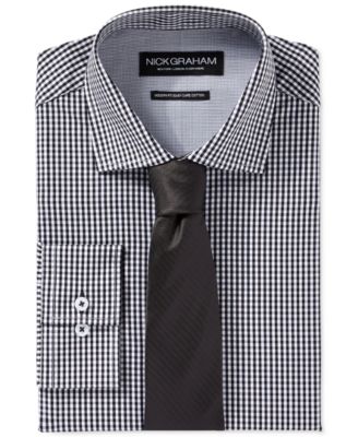 Nick Graham Black Gingham Dress Shirt and Black Solid Herringbone Tie Set