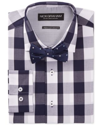 Nick Graham Navy Buffalo Check Dress Shirt and Dot Bow Tie Set