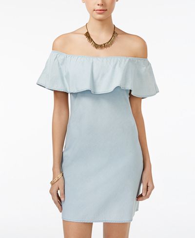 American Rag Ruffled Off-The-Shoulder Chambray Dress, Only at Macy&#39;s - Juniors Dresses - Macy&#39;s