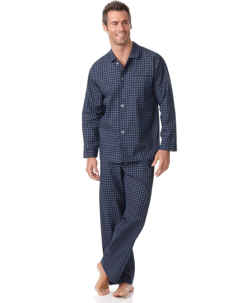 Club Room Long Sleeves Men's Navy Check Shirt and Pants Pajama Set