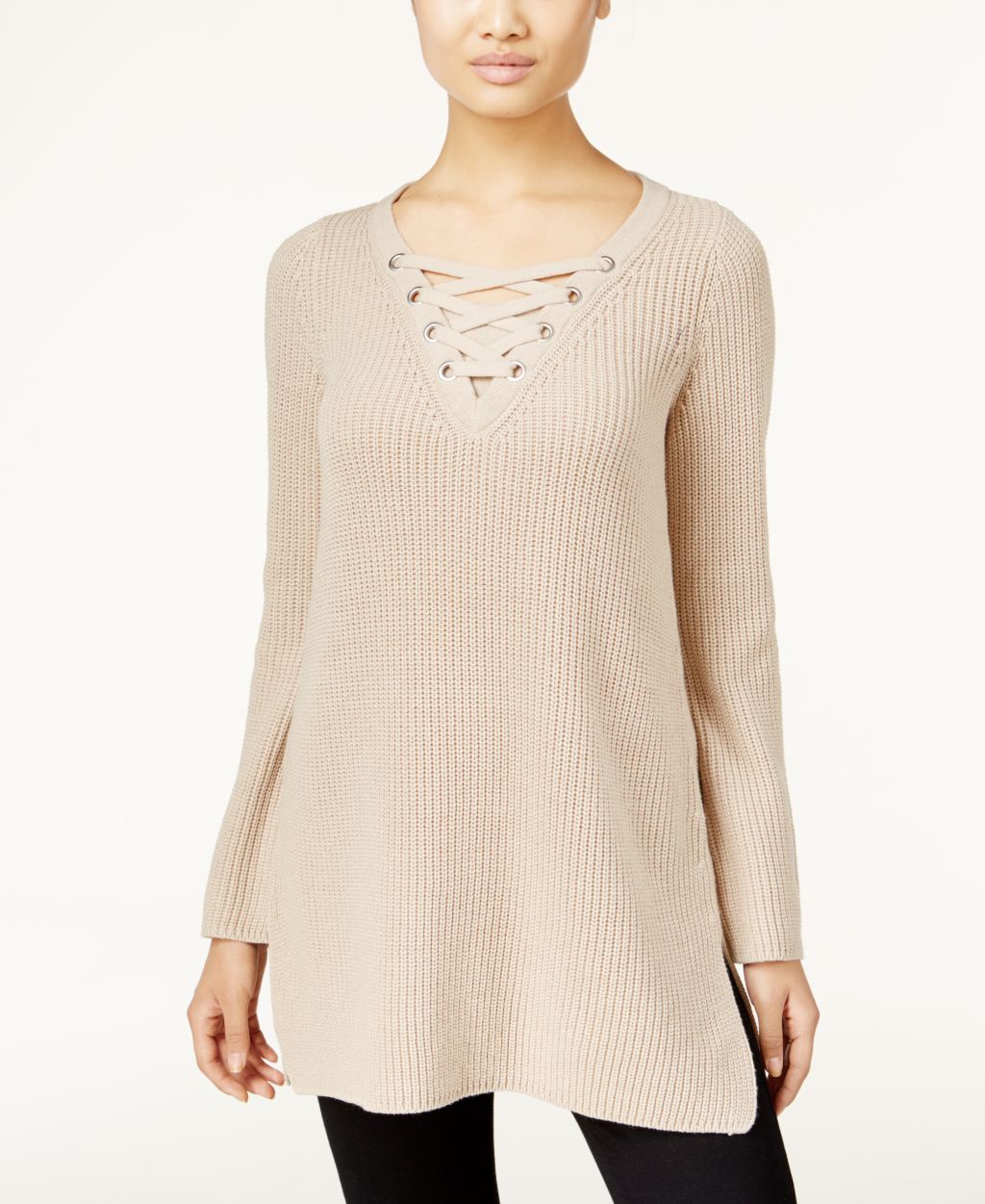 Style & Co. Long Sleeves Lace-Up Tunic Sweater, Only at Macy's