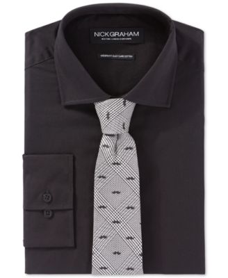 Nick Graham Black Solid Dress Shirt and Black Glenplaid Moustache Tie Set