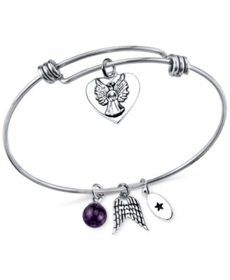 Unwritten Angel Charm and Amethyst (8mm) Bangle Bracelet in Stainless Steel