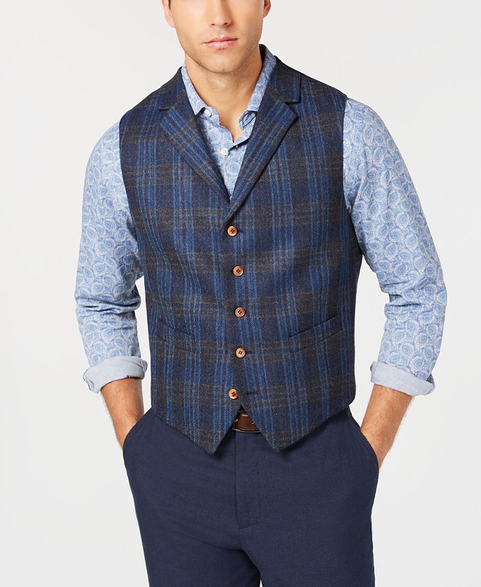 Tallia Men's Slim-Fit Blue Plaid Wool Vest - Macy's