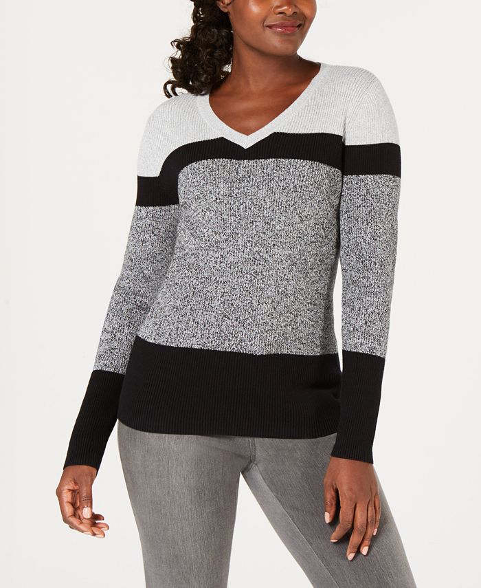 Karen Scott Petite V-Neck Striped Sweater, Created for Macy's & Reviews ...