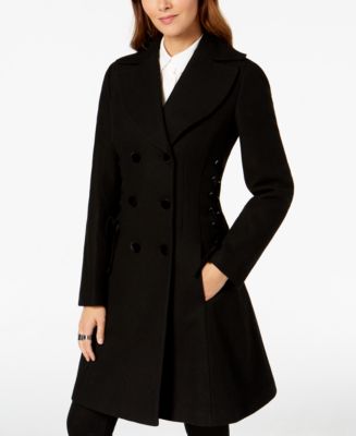 GUESS Double-Breasted Side-Corset Walker Coat - Macy's