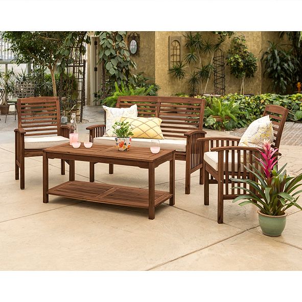Walker Edison 4Piece Acacia Wood Outdoor Patio Conversation Set with