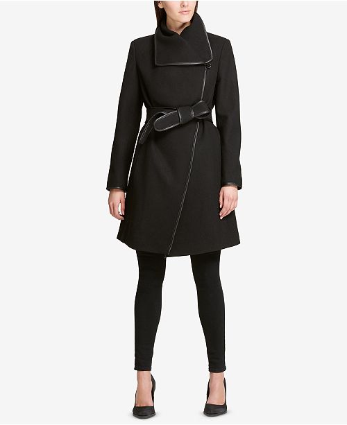 DKNY Petite FauxLeatherTrim Wrap Coat, Created for Macy's & Reviews
