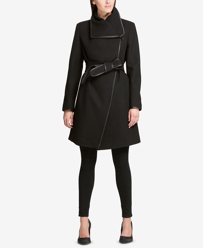 Dkny faux leather new arrivals trim wrap coat