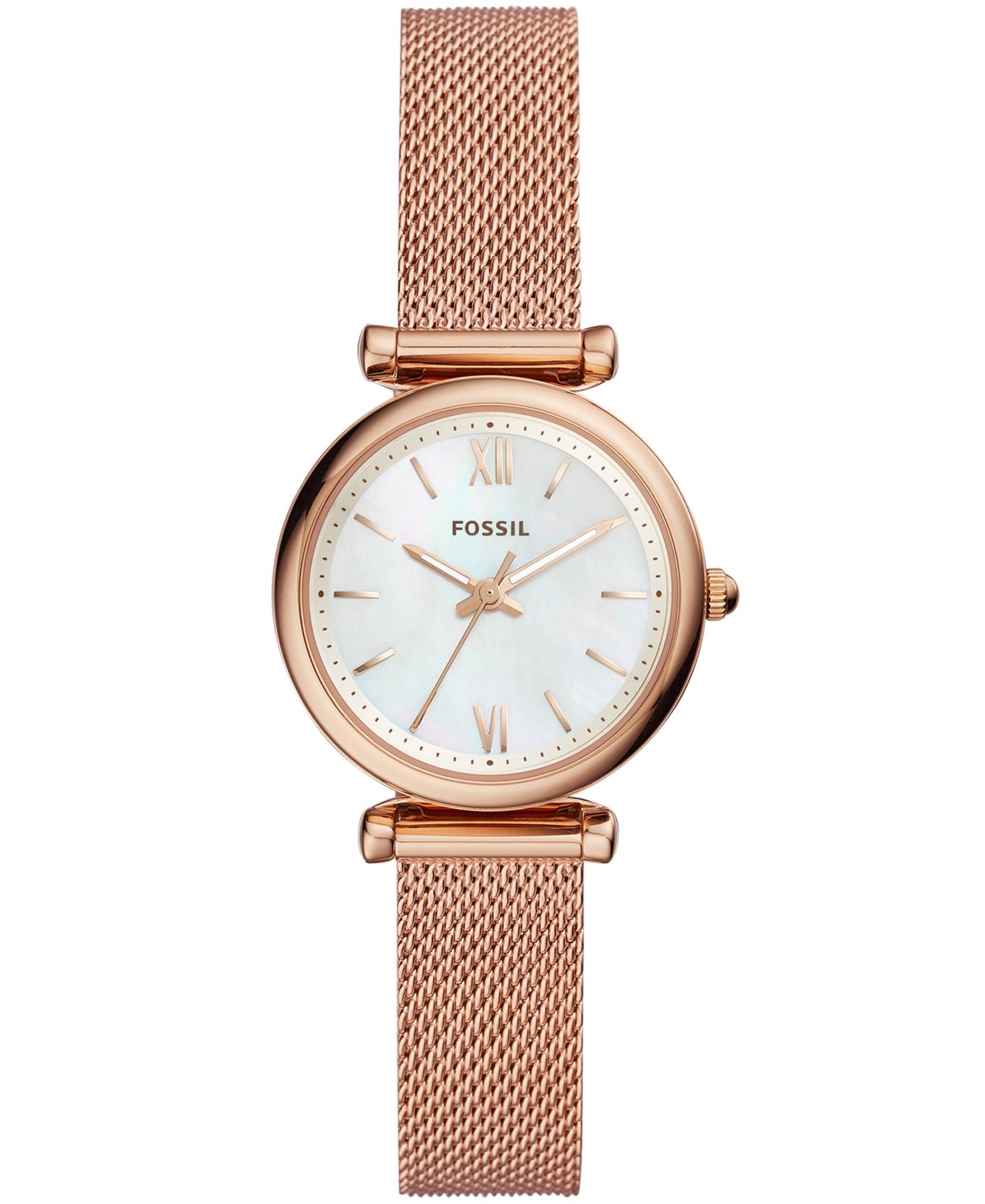 Женские часы Fossil Mini Carlie Stainless Steel Mesh Bracelet Watch 28mm, цвет: Розовый золотой — фото 1