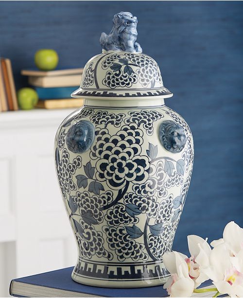 Two S Company Peony Flower Covered Temple Jar With Lion Accents