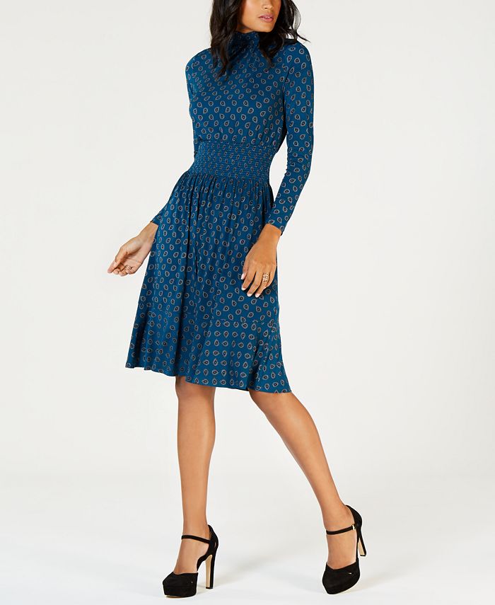 Michael Kors Women's Printed Smocked Maxi Dress Blue Size Medium