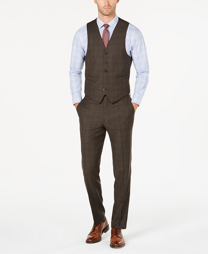 Michael Kors Men's Classic-Fit Stretch Brown Plaid Vested Suit ...