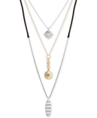 Lucky Brand - Two-Tone Crystal Evil Eye & Leather Cord 18" Triple-Layer Necklace