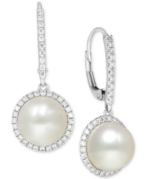 image of Cultured Freshwater Pearl (9mm) and Diamond (1/2 ct. t.w.) Halo Drop Earrings in 14k White Gold
