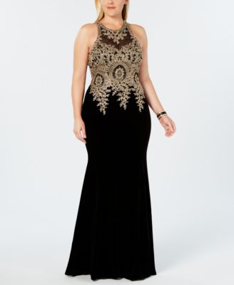 xscape plus size embroidered gown