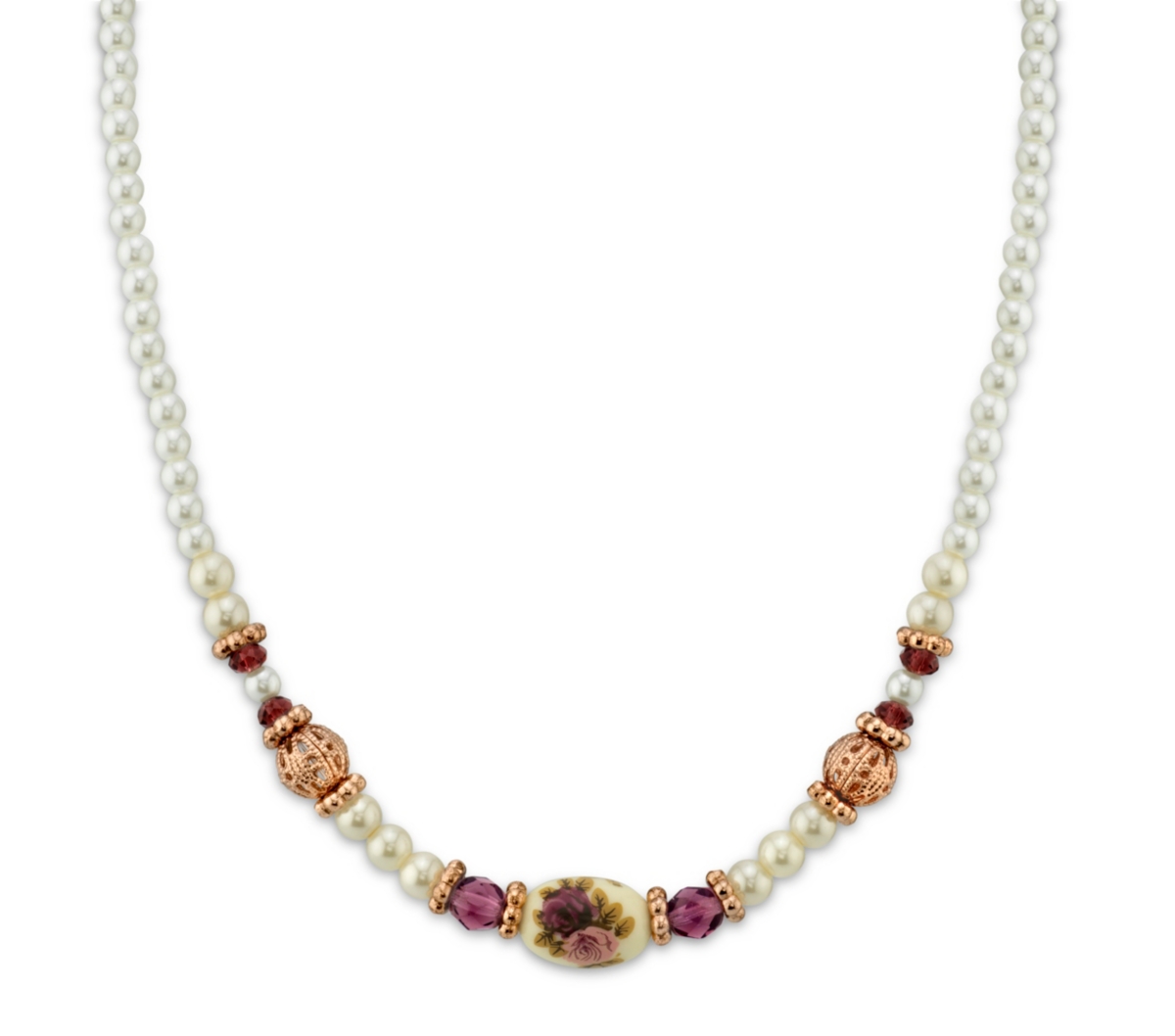 2028 Rose Gold-tone Simulated Pearl Purple Crystal Flower Beaded Necklace 15" Adjustable In Multi