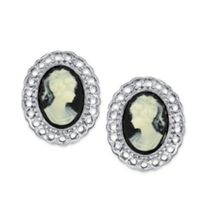image of 2028 Silver-Tone Black Cameo Oval Filigree Clip Button Earrings