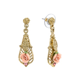 image of 2028 Gold-Tone Pink Porcelain Rose with Pink Accent Drop Earrings
