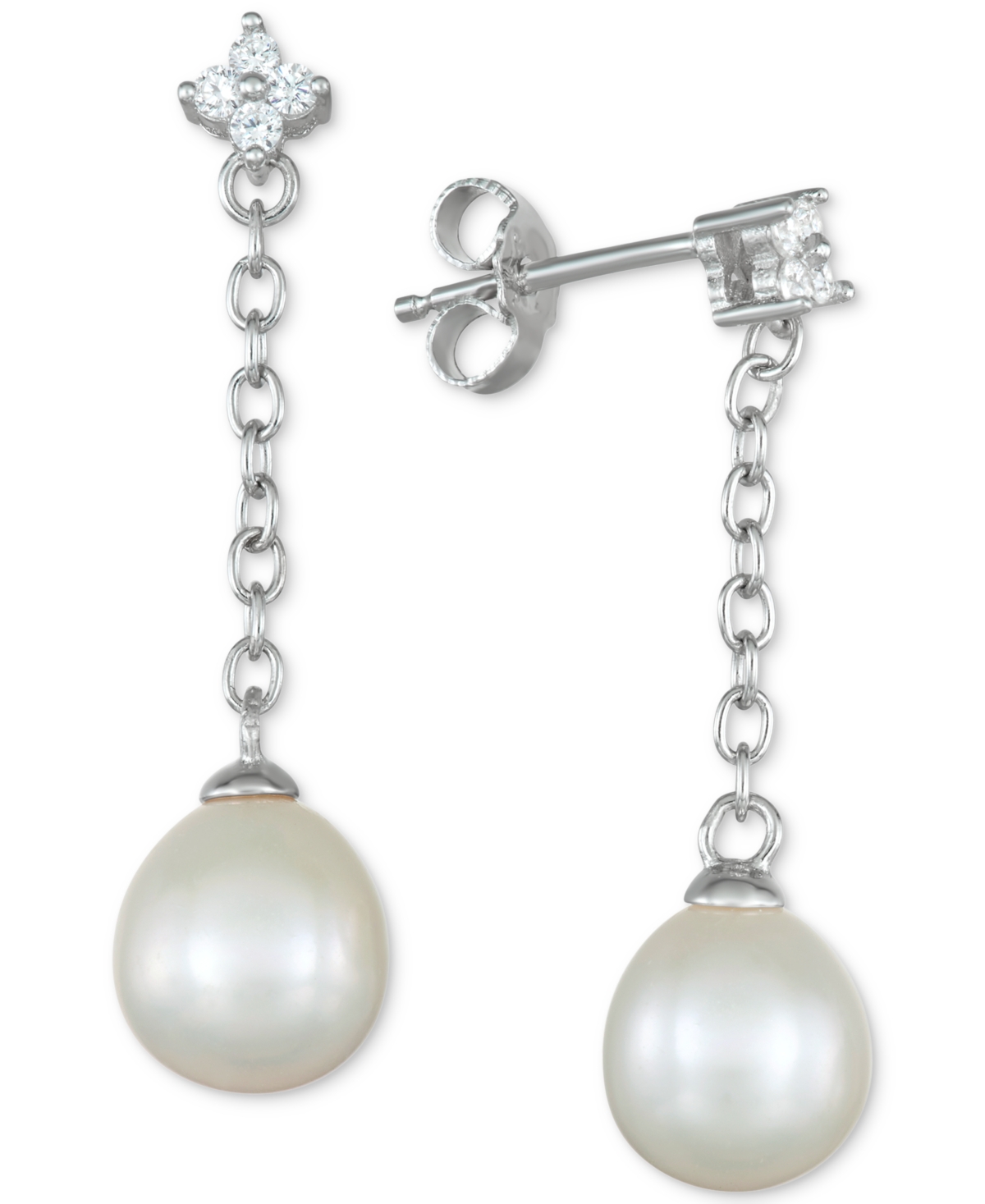 Cultured Freshwater Pearl (8mm) & Cubic Zirconia Flower Chain Earrings in Sterling- Silver