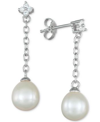 Macy's - Cultured Freshwater Pearl (8mm) & Cubic Zirconia Flower Chain Earrings in Sterling Silver