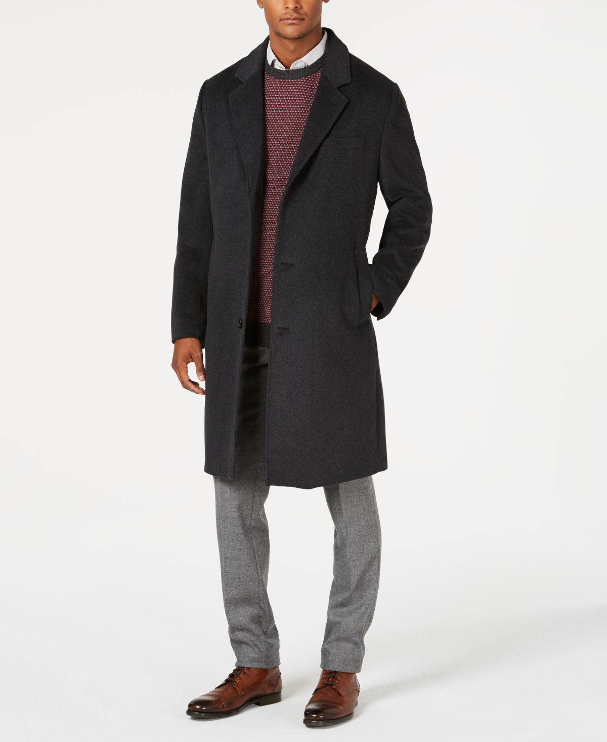 London Fog Signature overcoat in charcoal worn over a sweater and tie
