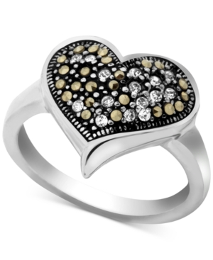 image of Marcasite & Crystal Heart Ring in Fine Silver-Plate
