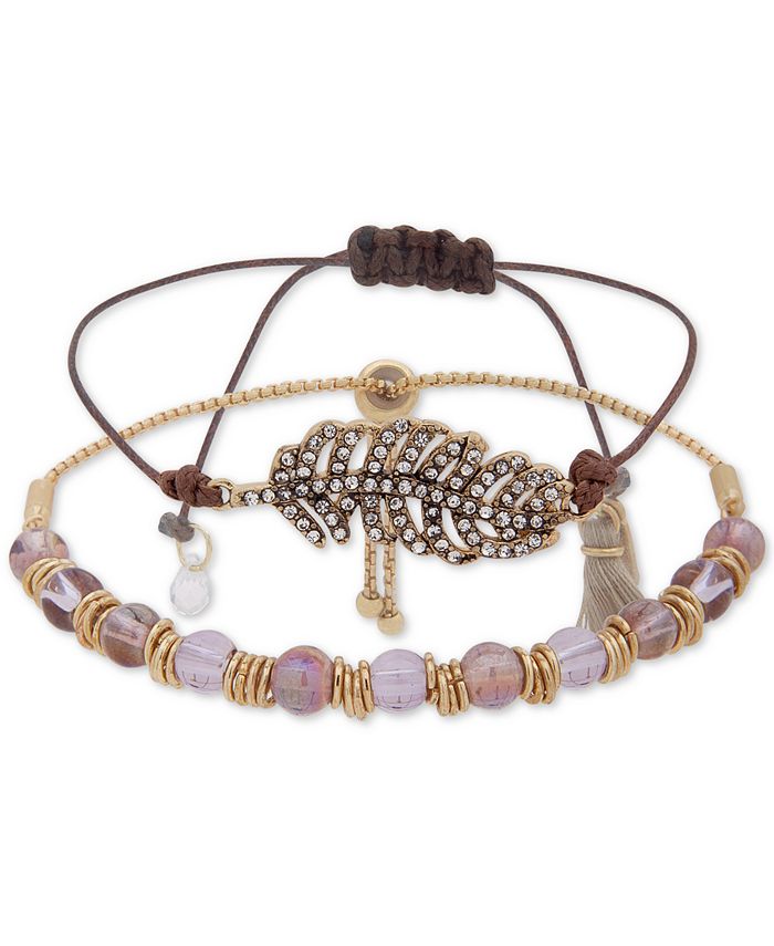 lonna & lilly Gold-Tone Crystal Feather Bead and Cord Bolo Bracelet ...