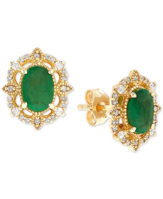 Sapphire (1-1/3 ct. t.w.) & Diamond (1/8 ct. t.w.) Stud Earrings in 14k Yellow Gold (Also Available in Ruby & Emerald)