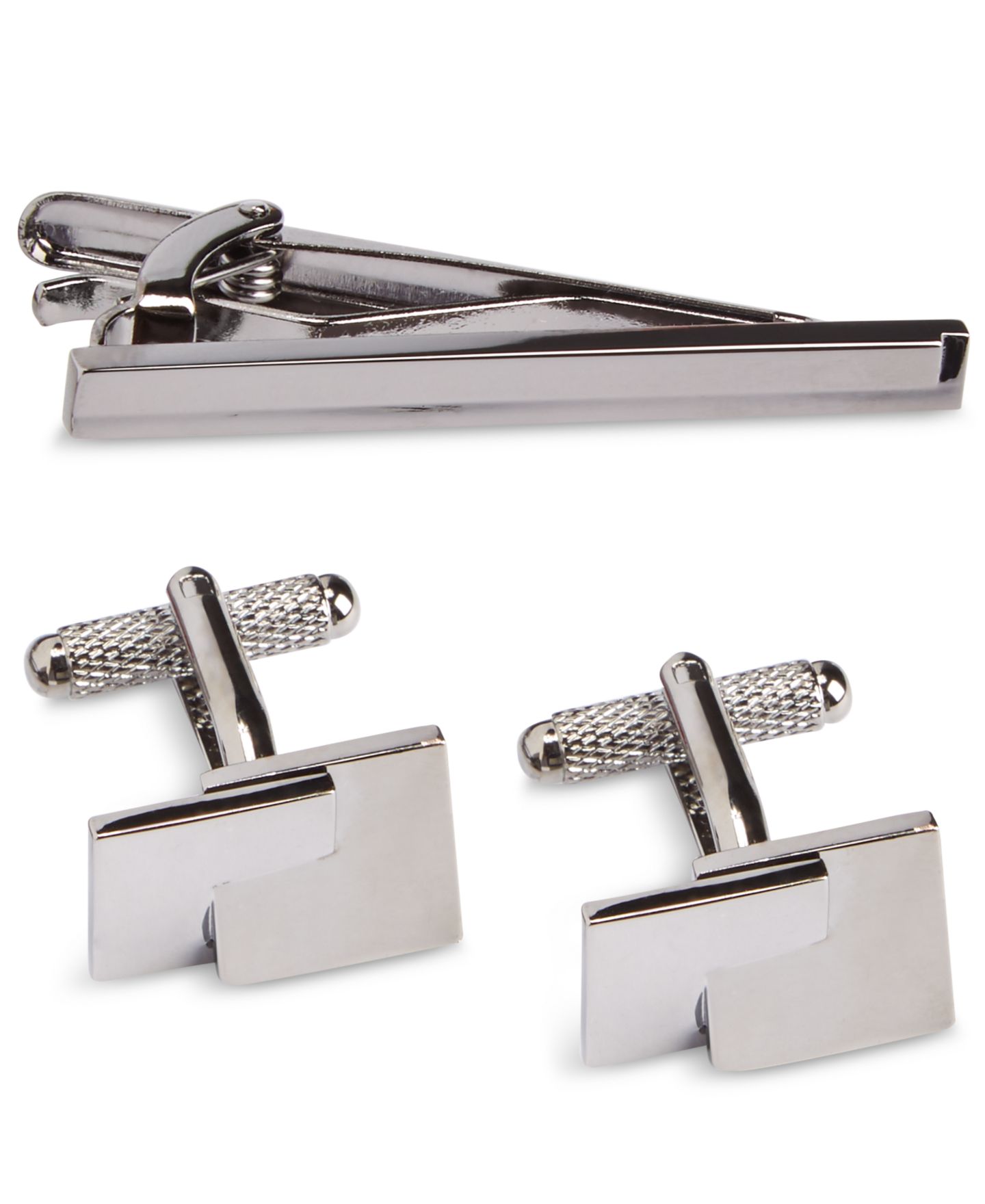 Мужские запонки Perry Ellis Portfolio Small Grid Cuff Links & Tie Bar Set, цвет: Тёмный серый — фото 1