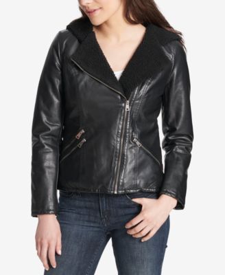 Faux-Leather Hooded Moto Jacket 