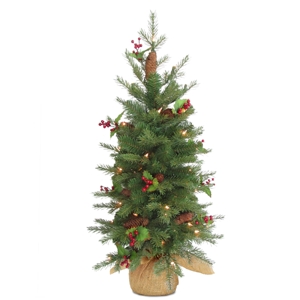 National Tree Company 3' Feel Real(R) Nordic Spruce Small Tree with Cones & Red Berries in Burlap with 100 Warm White Led Lights wandTimer