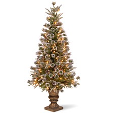 National Tree 4' "Feel Real" Liberty Pine Entrance Tree with Snow and Pine Cones in a Dark Bronze Plastic Pot with 100 Clear Lights