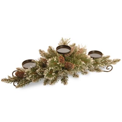National Tree Company - 30" Glittery Bristle Pine Centerpiece w/3 Candle Holders & 6 White Tipped Cones