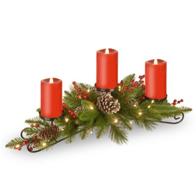 National Tree Company - 30" Feel Real&reg; Bristle Berry Centerpiece with 3 electronic candles, battery operated lights, berries and cones