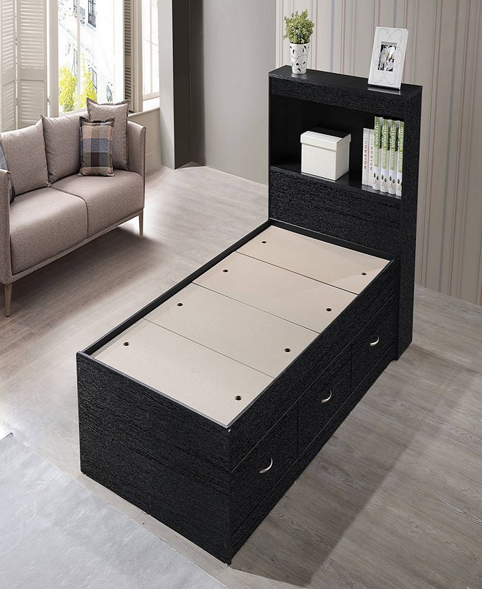 Hodedah TwinSize Captain Bed with 3Drawers and Headboard in Black