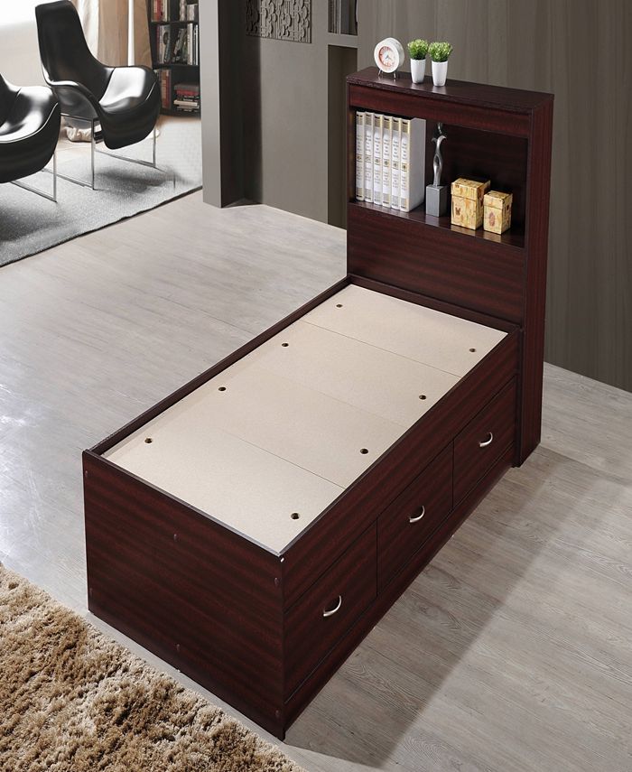 Hodedah TwinSize Captain Bed with 3Drawers and Headboard in Mahogany