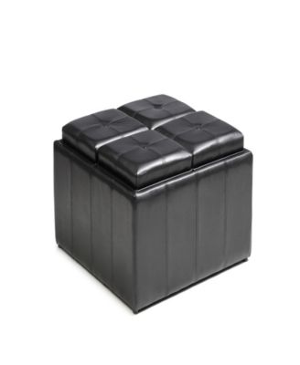 Hodedah - Faux Leather, Storage Ottoman with 4-Flip over Serving Trays in Black