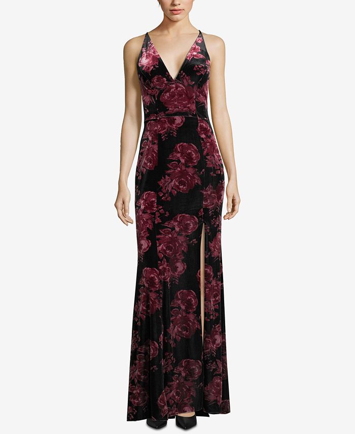 XSCAPE Velvet Floral-Print Gown - Macy's