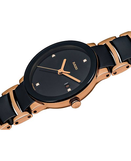 Rado Women S Swiss Centrix Diamond Accent Black High Tech Ceramic And Rose Gold Tone Pvd Stainless Steel Bracelet Watch 28mm R30555712 Reviews All Fine Jewelry Jewelry Watches Macy S