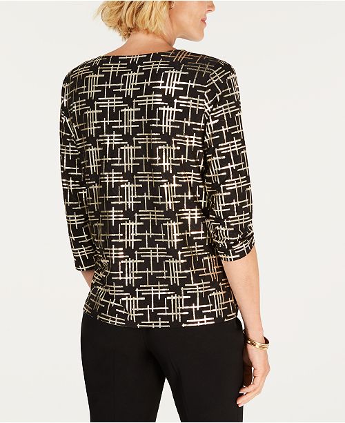 JM Collection Foil Jacquard ElbowSleeve Keyhole Top, Created for Macy