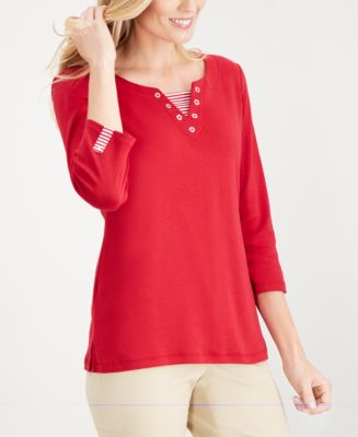Karen Scott Womens Striped Split Neck Grommet Trim Top Red Size Large