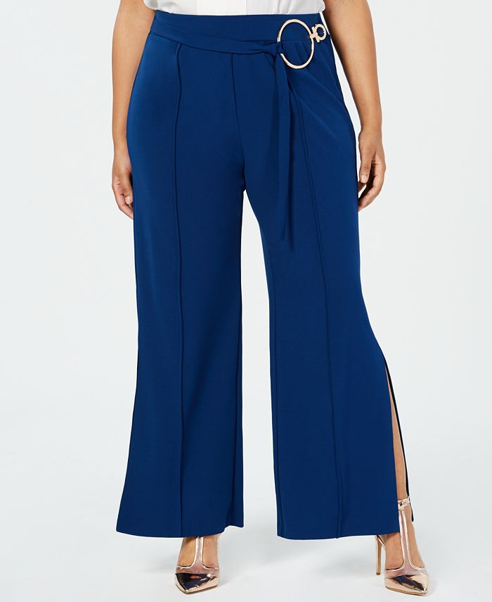 NY Collection Plus Size Split-Leg Belted Pants - Macy's