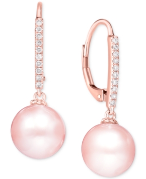 image of 14k White Gold Earrings, Cultured Freshwater Pearl (10mm) and Diamond ( 1/10 ct.t.w) Leverback Earrings (Also available in 14k yellow gold or pink cultured freshwater pearls in 14k rose gold)